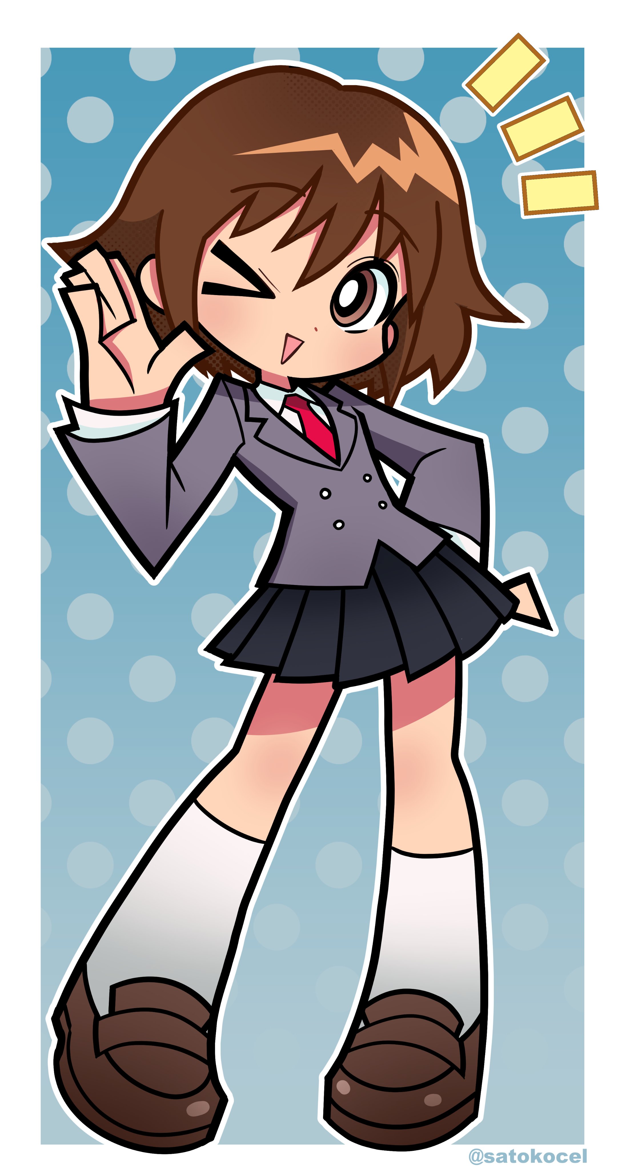 satokocel, oribe yasuna, kill me baby, absurdres, commentary, highres, > o, 1girl, blazer, border, brown eyes, brown hair, buttons, collared shirt, double-breasted, full body, hand on own hip, hand up, jacket, loafers, long sleeves, necktie, one eye closed, open mouth, outline, panty & stocking with garterbelt (style), parody, pleated skirt, school uniform, shirt, shoes, short hair, skirt, smile, socks, solo, style parody, triangle mouth, twitter username, white border, white outline
