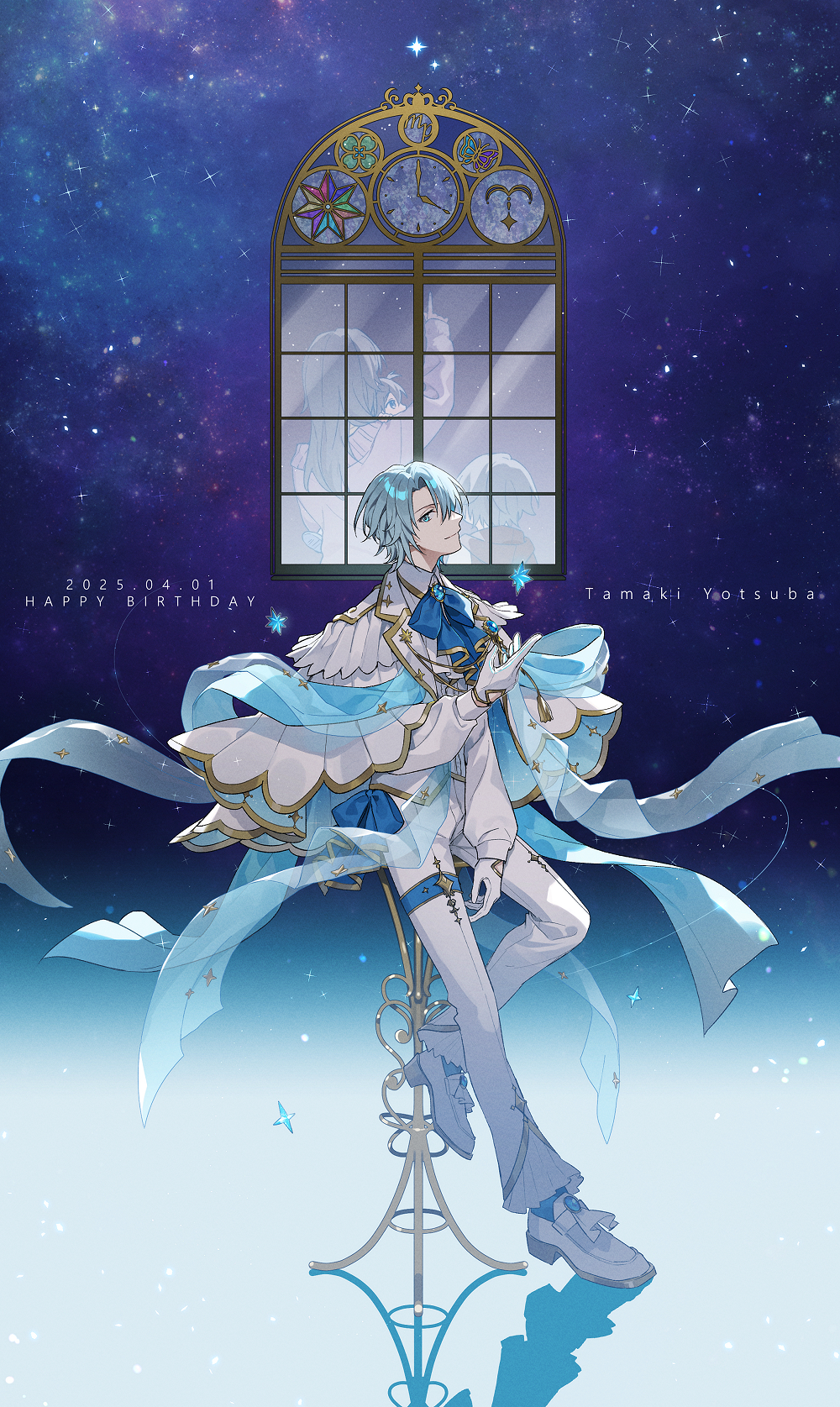 aiue o eiua, yotsuba aya, yotsuba tamaki, idolish7, commentary request, highres, 1boy, 1girl, blue background, blue bow, blue bowtie, blue eyes, blue hair, blue shawl, bow, bowtie, brooch, capelet, clock, gloves, gold trim, gradient background, jewelry, leaning back, long sleeves, looking at viewer, male focus, pants, shawl, shirt, shoes, short hair, smile, star (sky), stool, thigh strap, white background, white capelet, white gloves, white pants, white shirt, white shoes, window