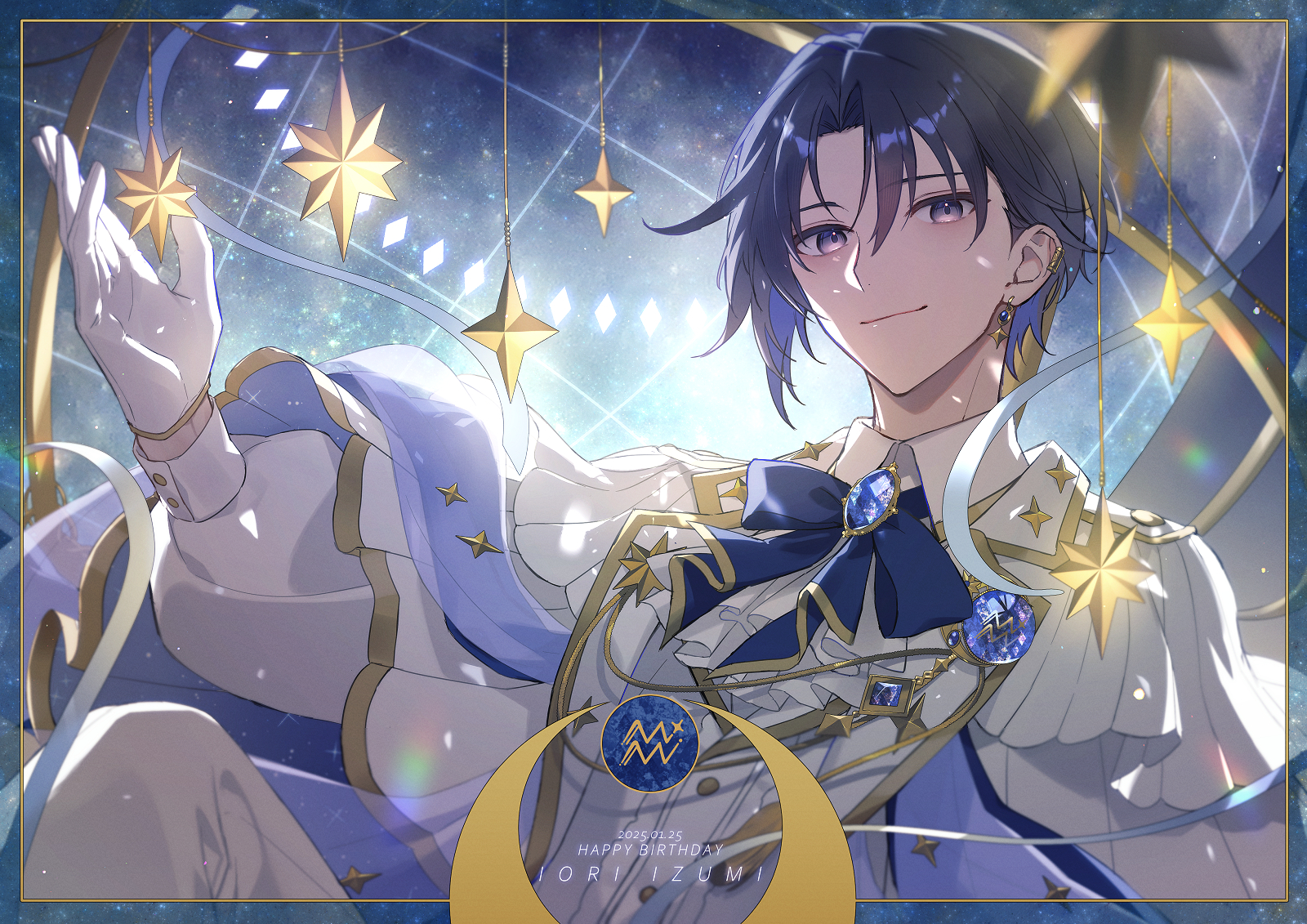 aiue o eiua, izumi iori, idolish7, commentary request, highres, 1boy, aquarius (symbol), blue bow, blue bowtie, blue brooch, blue hair, border, bow, bowtie, cape, character name, cowboy shot, crescent, dated, earrings, gloves, gradient eyes, grid background, happy birthday, jewelry, knee up, long sleeves, looking at viewer, male focus, multicolored eyes, pants, pink eyes, puffy sleeves, purple eyes, shirt, sky, smile, solo, star (sky), star (symbol), starry sky, upper body, white cape, white gloves, white pants, white shirt