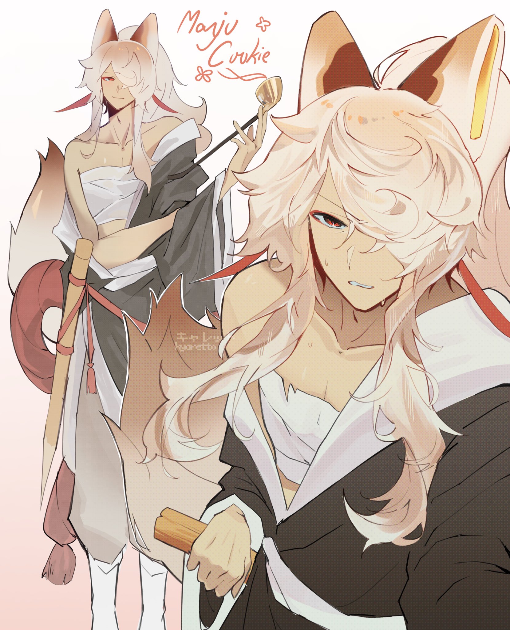 kyaretto, cookie run, cookie run: kingdom, commentary, highres, 1boy, animal ears, artist name, black kimono, character name, chest sarashi, clenched teeth, eyeliner, fox boy, fox ears, fox tail, gradient background, hadanugi dousa, hair over one eye, holding, holding smoking pipe, humanization, japanese clothes, kimono, kiseru, long hair, makeup, male focus, manju cookie, multiple views, one eye covered, open kimono, ponytail, red eyeliner, red eyes, sarashi, sidelocks, smile, smoking pipe, tail, teeth