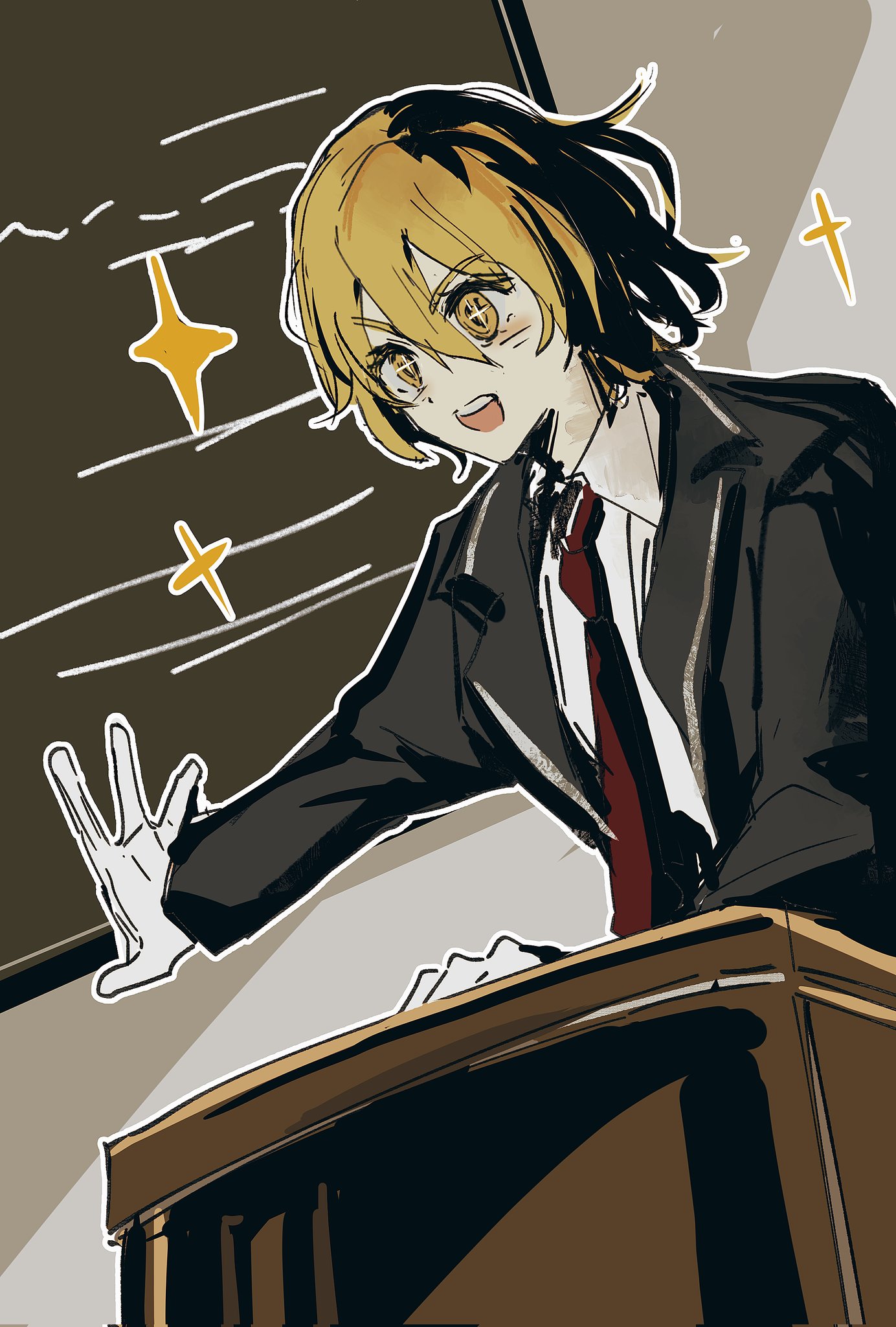 sixgod, don quixote (project moon), limbus company, project moon, highres, + +, 1girl, black coat, blonde hair, chalkboard, classroom, coat, collared coat, collared shirt, hair between eyes, hand on table, happy, indoors, lapels, lcb uniform (project moon), light blush, necktie, notched lapels, open clothes, open coat, open mouth, outline, outstretched arm, red necktie, shirt, short hair, smile, solo, sparkle, sparkling eyes, teaching, teeth, upper body, upper teeth only, white outline, white shirt, yellow eyes