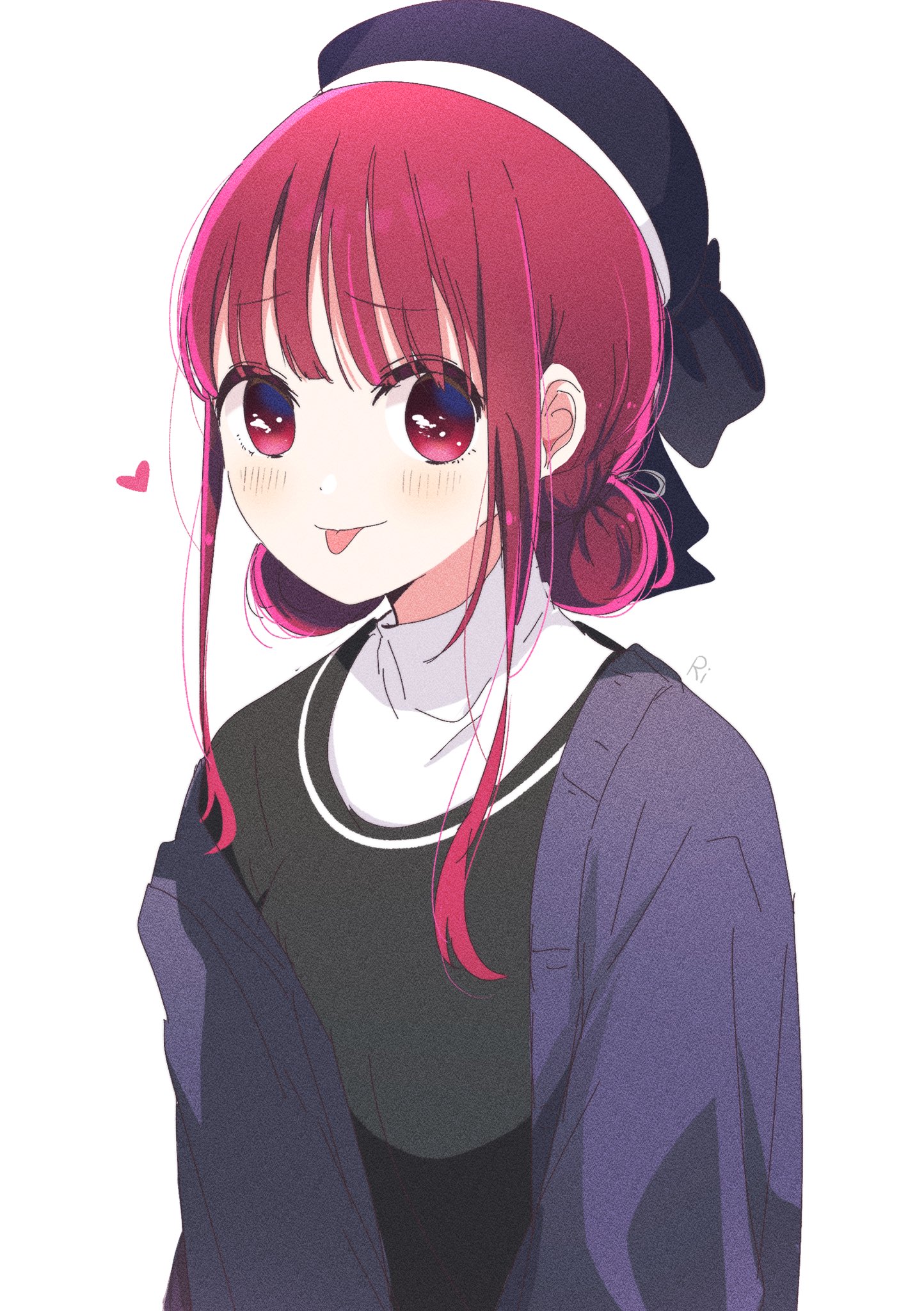 risdelusions, arima kana, oshi no ko, highres, 1girl, black hat, black shirt, blush, closed mouth, double bun, hair bun, hat, jacket, long sleeves, looking at viewer, red eyes, red hair, shirt, short hair, smile, solo, tongue, tongue out, very low bun, white background