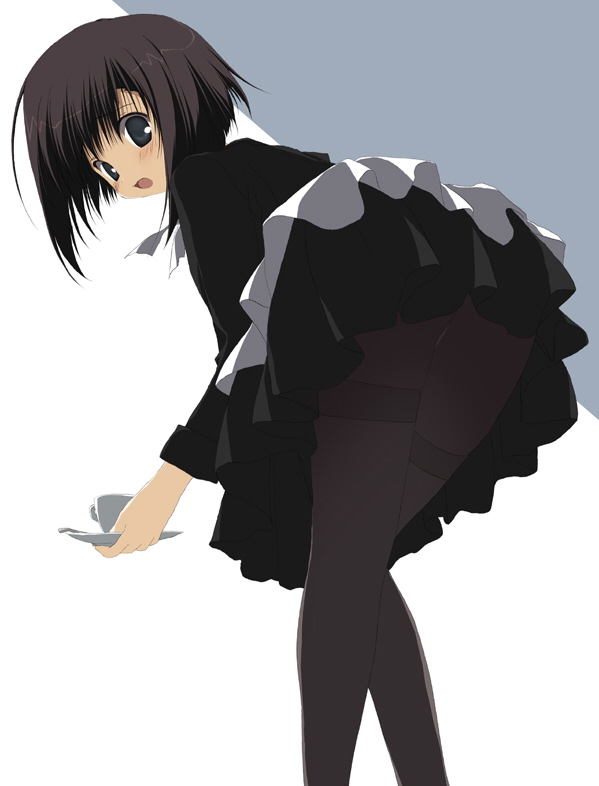 mitsumi misato, 1girl, black hair, cup, grey eyes, maid, panties, panties under pantyhose, pantyhose, solo, teacup, thighband pantyhose, underwear