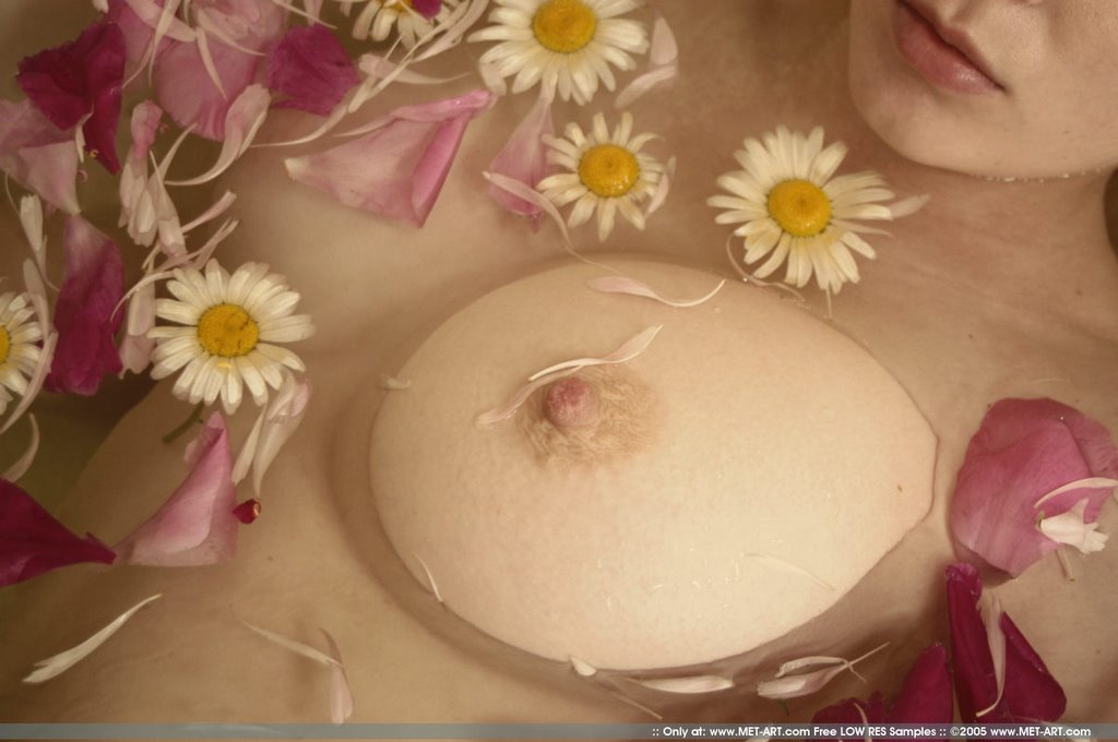 met-art, photo (medium), 1girl, asian, bath, bathing, breasts, female focus, flower, large breasts, lips, nipples, nude, solo, submerged, water