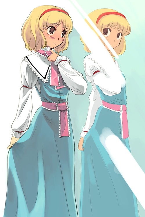 yuu (kfc), alice margatroid, touhou, 1girl, aqua background, ascot, blonde hair, blue dress, brown eyes, dress, female focus, frown, hairband, mirror, reflection, short hair, solo