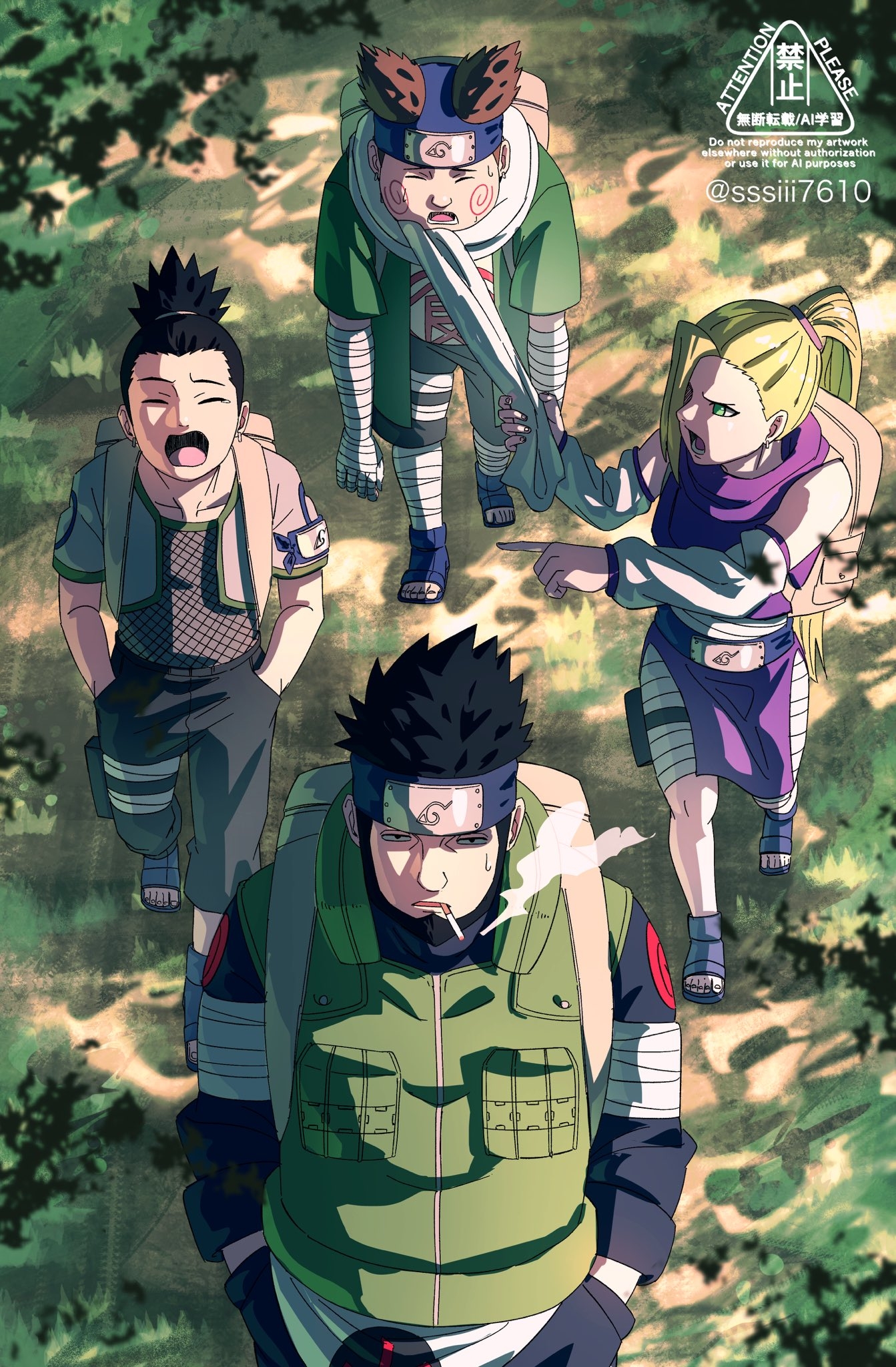sssiii7610, akimichi chouji, nara shikamaru, sarutobi asuma, yamanaka ino, naruto (classic), naruto (series), highres, 1girl, 3boys, artist name, bandages, black hair, blonde hair, blue eyes, brown hair, cigarette, closed eyes, earrings, fat, fat man, fishnets, flak jacket, forehead protector, forest, full body, green shorts, grey jacket, hands in pockets, jacket, jewelry, konohagakure shinobi uniform, konohagakure symbol, long hair, long sleeves, multiple boys, nature, ninja, open mouth, outdoors, pelvic curtain, ponytail, scarf, shadow, shorts, smoking, walking, watermark, white scarf, white sleeves, yawning