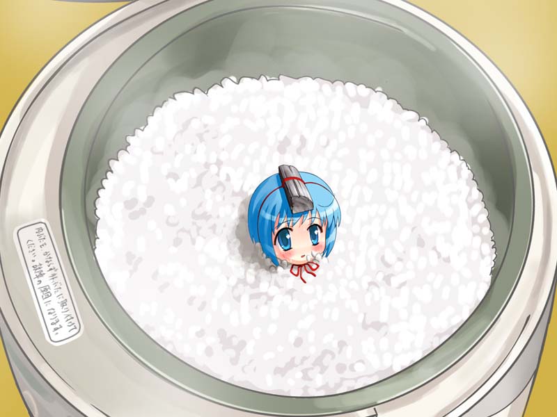 ekusa takahito, binchou-tan, cup, food, food on face, in container, in cup, minigirl, personification, rice, rice cooker, ricecooker