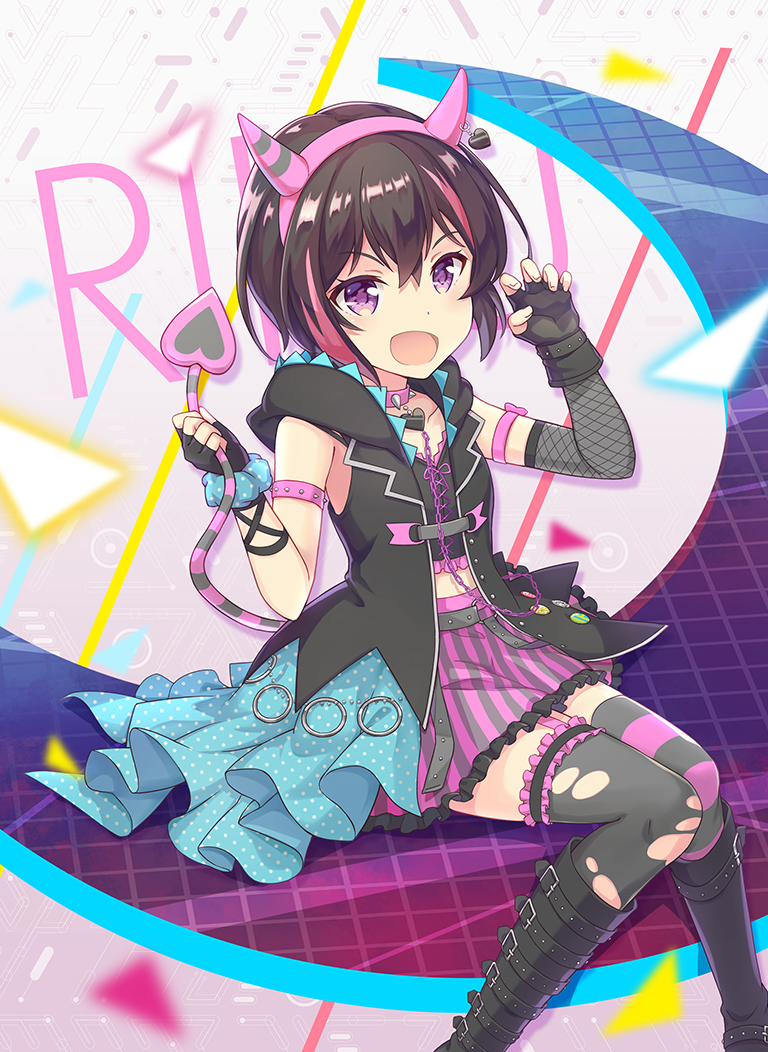 yuuki riku, ongeki, non-web source, official art, 1girl, asymmetrical legwear, black boots, black gloves, black hair, black thighhighs, boots, demon tail, detached sleeves, fingerless gloves, fishnet sleeves, fishnets, gloves, grabbing own tail, hairband, hood, hood down, hooded jacket, horn hairband, jacket, knee boots, looking at viewer, mismatched legwear, multicolored hair, open mouth, paw pose, pink hair, pink hairband, pink thighhighs, plectrum, purple eyes, short hair, single detached sleeve, sleeveless, sleeveless jacket, smile, solo, streaked hair, striped clothes, striped thighhighs, tail, thigh strap, thighhighs, torn clothes, torn thighhighs, uneven legwear