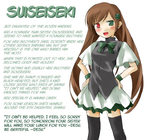 nu (plastic eraser), suiseiseki, rozen maiden, hard-translated, third-party edit, translated, 00s, 1girl, :d, black thighhighs, blush, bow, brown hair, character profile, english text, female focus, flower, green eyes, hair flower, hair ornament, hands on own hips, heterochromia, long hair, open mouth, red eyes, rozen maiden shoujo profile, skirt, smile, solo, thighhighs, twintails, very long hair, wristband, zettai ryouiki