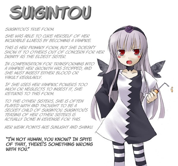 nu (plastic eraser), suigintou, rozen maiden, yakult, silver hair, hard-translated, third-party edit, translated, 00s, 1girl, black wings, character profile, choker, dress, english text, fang, female focus, hairband, hand on own hip, long hair, open mouth, pale skin, red eyes, rozen maiden shoujo profile, solo, striped clothes, striped thighhighs, thighhighs, vampire, wings