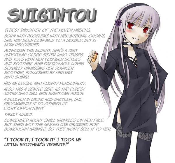 suigintou, rozen maiden, yakult, lace-trimmed legwear, silver hair, hard-translated, third-party edit, translated, 00s, 1girl, black thighhighs, blush, character profile, choker, cross, dress, english text, female focus, femdom, greek cross, grin, hairband, hand on own hip, lace, lace trim, long hair, pale skin, red eyes, rozen maiden shoujo profile, short dress, smile, solo, thighhighs