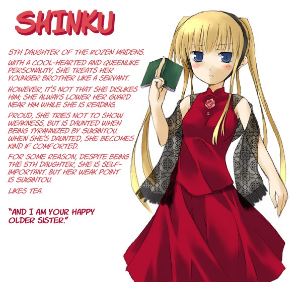 nu (plastic eraser), shinku, rozen maiden, hard-translated, third-party edit, translated, 00s, 1girl, blonde hair, blue eyes, blush, book, character profile, english text, female focus, flower, frown, hairband, long hair, rose, rozen maiden shoujo profile, scarf, solo, text focus, twintails