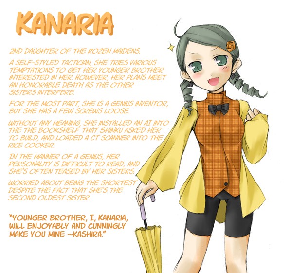 nu (plastic eraser), kanaria, rozen maiden, hard-translated, third-party edit, translated, 00s, 1girl, :d, ahoge, bike shorts, blush, bow, character profile, closed umbrella, drill hair, english text, female focus, flower, green eyes, green hair, hair flower, hair ornament, long sleeves, matching hair/eyes, open mouth, planted, planted umbrella, rozen maiden shoujo profile, short hair, smile, solo, text focus, umbrella