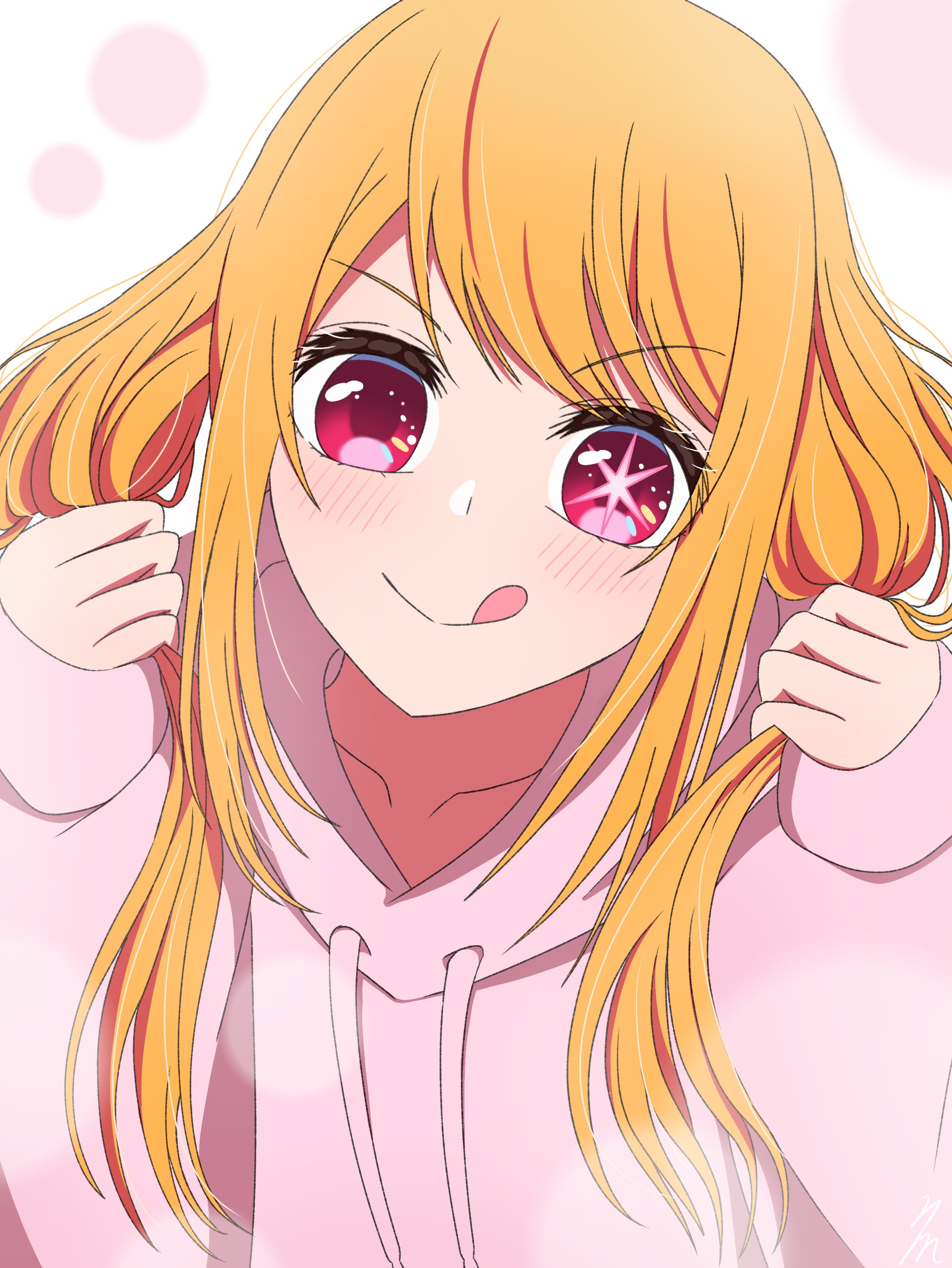 nm (blue-rapid), hoshino ruby, oshi no ko, absurdres, highres, 1girl, :q, blonde hair, blush, closed mouth, hair between eyes, hood, hoodie, long hair, long sleeves, looking at viewer, pink eyes, pink hoodie, simple background, smile, solo, star-shaped pupils, star (symbol), symbol-shaped pupils, tongue, tongue out