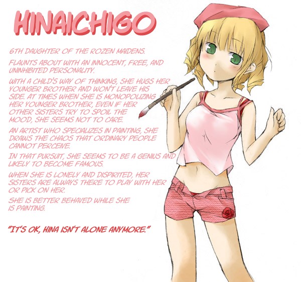 nu (plastic eraser), hinaichigo, rozen maiden, hard-translated, third-party edit, translated, 00s, 1girl, art brush, blonde hair, blush, character profile, curly hair, english text, female focus, green eyes, hat, midriff, paintbrush, rozen maiden shoujo profile, short hair, shorts, solo, tank top, unbuttoned