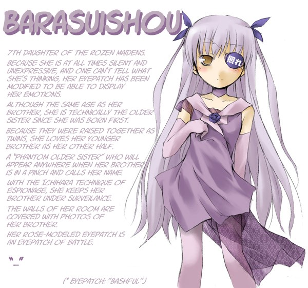 nu (plastic eraser), barasuishou, rozen maiden, hard-translated, third-party edit, translated, 00s, 1girl, blush, character profile, dress, elbow gloves, english text, eyepatch, female focus, gloves, hair ornament, long hair, pantyhose, purple hair, rozen maiden shoujo profile, short dress, smile, solo, very long hair, yellow eyes