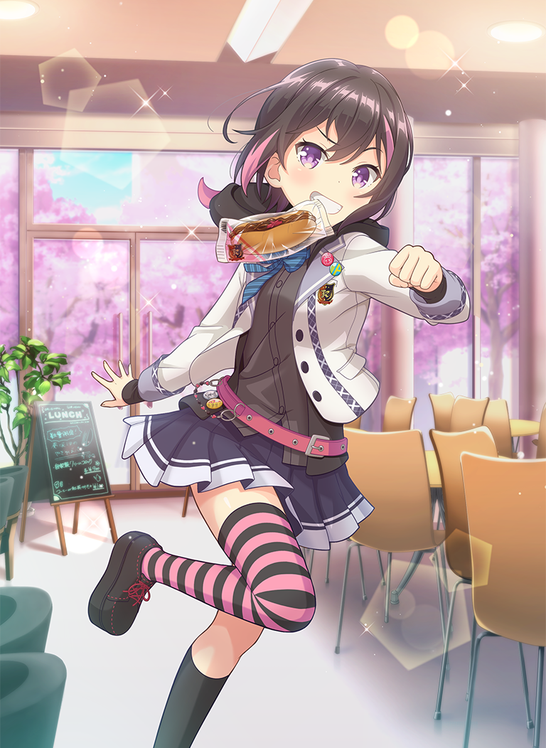 yuuki riku, ongeki, non-web source, official art, 1girl, asymmetrical legwear, belt, black hair, black shirt, black shoes, black skirt, black socks, black thighhighs, blazer, blue bow, blue bowtie, bow, bowtie, breasts, chair, clenched hand, closed mouth, collared shirt, crossed bangs, dress shirt, dynamic pose, full body, grin, hair between eyes, horizontal-striped thighhighs, jacket, long sleeves, looking at viewer, miniskirt, mismatched legwear, multicolored hair, pink belt, pink hair, pink thighhighs, pleated skirt, purple eyes, restaurant, school uniform, shirt, shoes, short hair, single sock, single thighhigh, skirt, sleeves past wrists, small breasts, smile, socks, solo, split mouth, streaked hair, striped clothes, striped thighhighs, thighhighs, two-tone hair, two-tone thighhighs, uneven legwear, white jacket