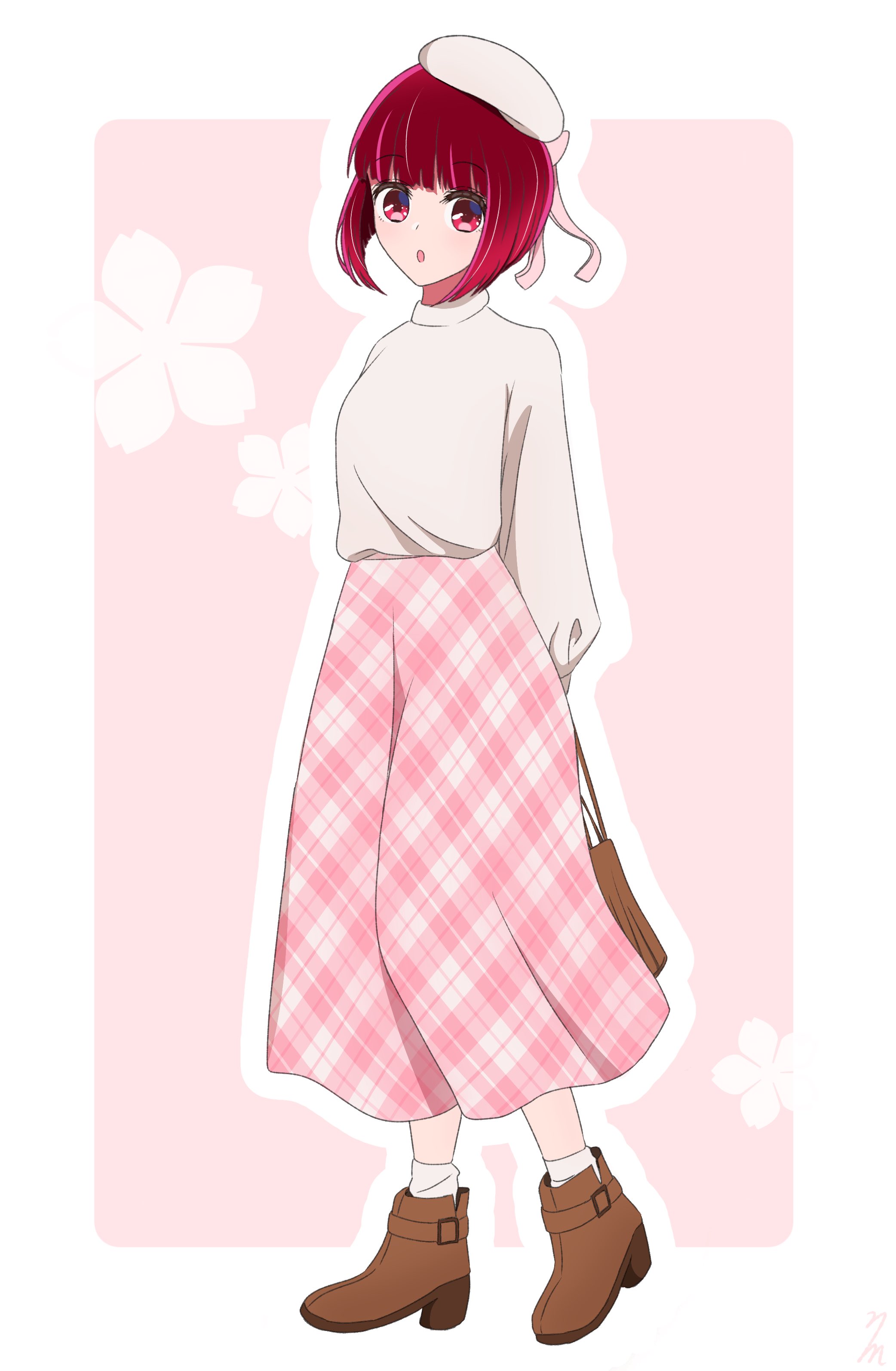 nm (blue-rapid), arima kana, oshi no ko, absurdres, highres, 1girl, :o, bag, beret, blush, bob cut, brown shoes, hat, high heels, holding, holding bag, inverted bob, long sleeves, looking at viewer, open mouth, pink skirt, red eyes, red hair, shoes, short hair, skirt, solo, sweater, white hat, white sweater