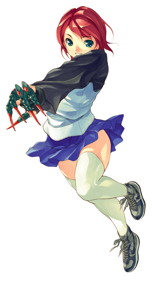 yuuki nao, my-hime, 00s, red hair, school uniform, serafuku, shoes, short hair, smile, sneakers, solo, thighhighs, zettai ryouiki