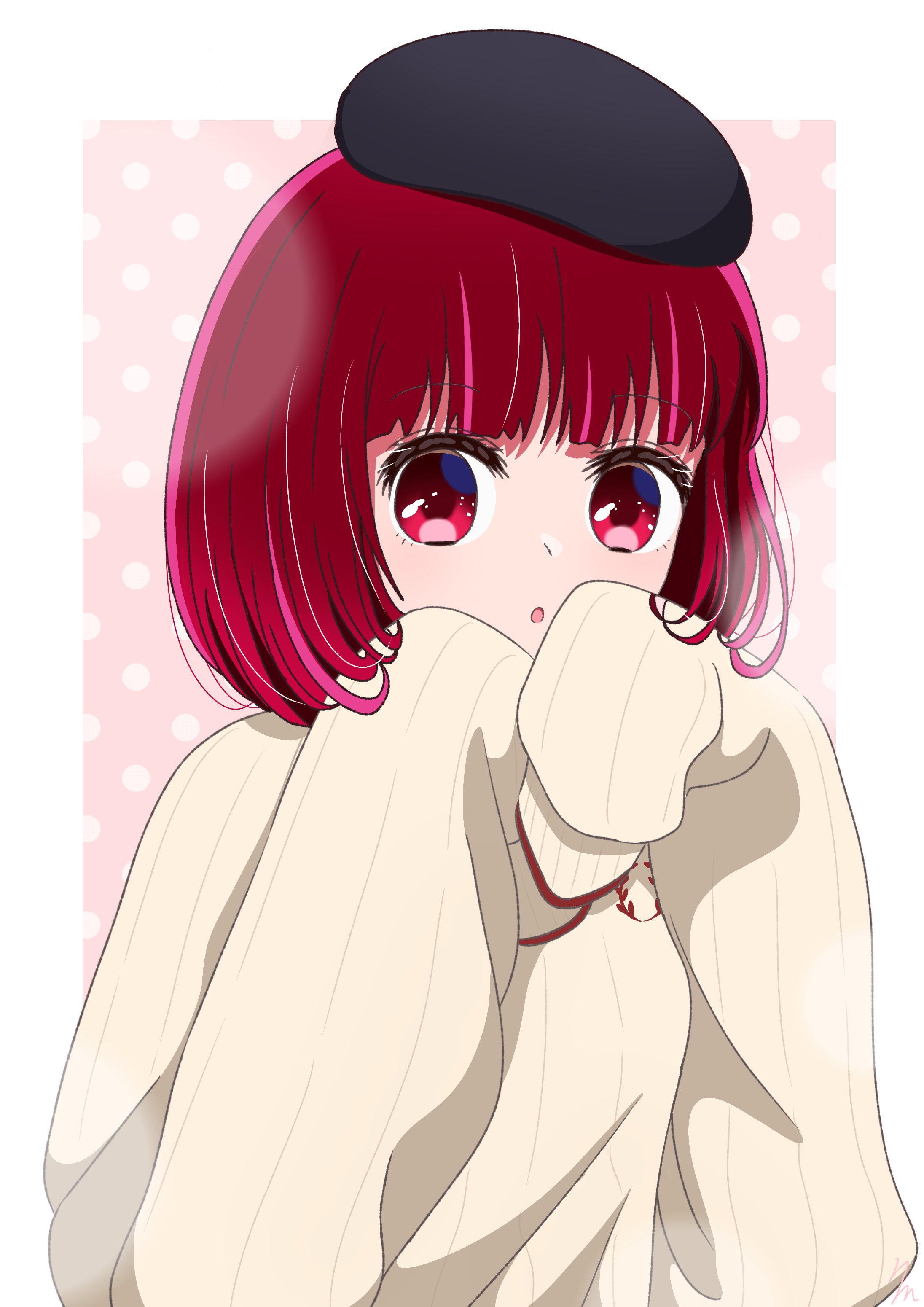 nm (blue-rapid), arima kana, oshi no ko, absurdres, highres, 1girl, :o, beret, black hat, blush, bob cut, hat, inverted bob, looking at viewer, medium hair, open mouth, pink background, polka dot, polka dot background, red eyes, red hair, short hair, simple background, sweater, white background, white sweater