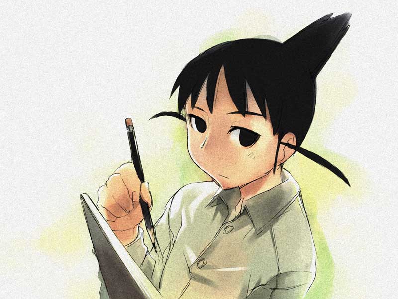 ogiue chika, genshiken, gender request, 00s, androgynous, black eyes, pencil, simple background, solo, wooden pencil