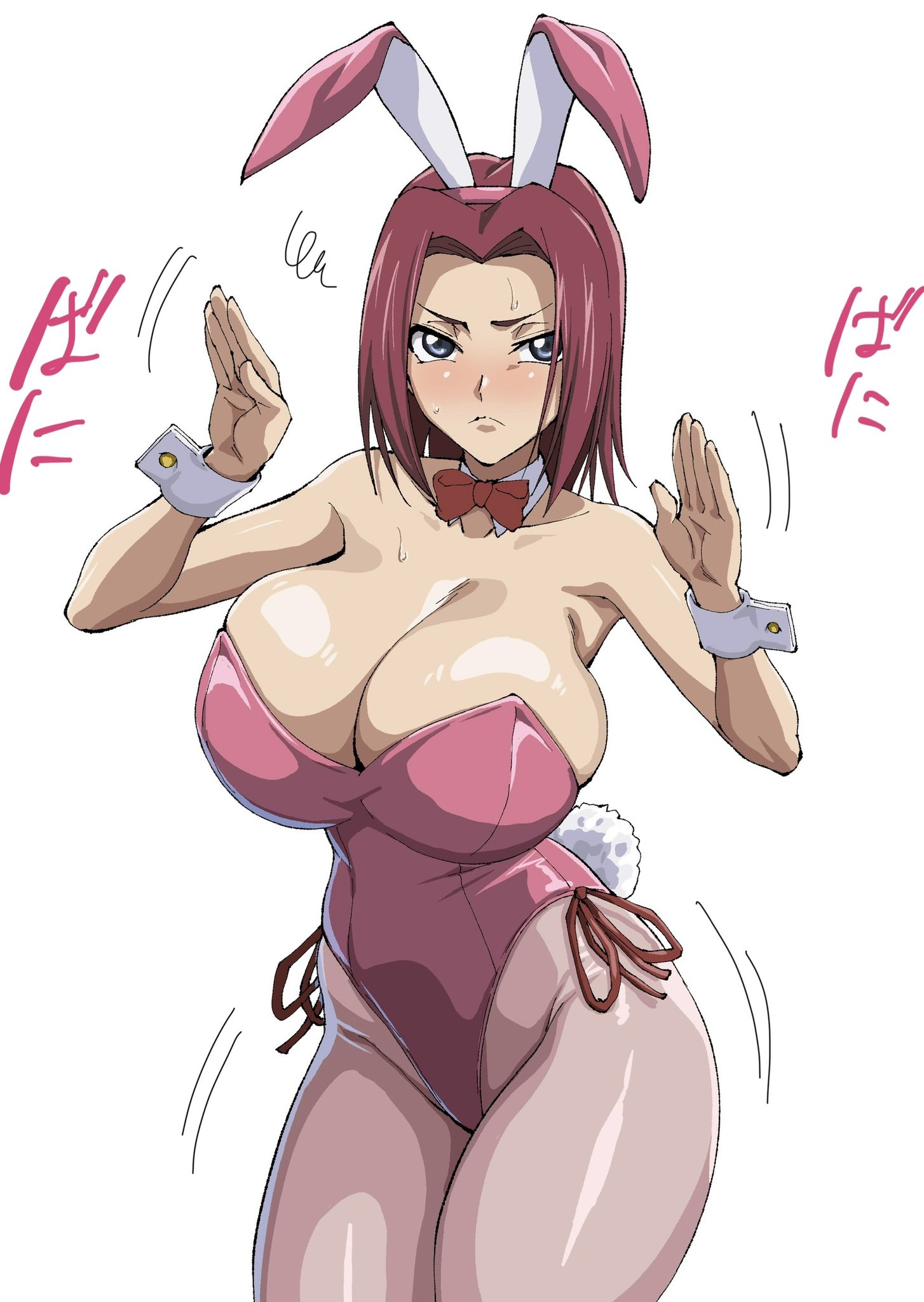 iwao178, kouzuki kallen, code geass, 1girl, animal ears, bare shoulders, blue eyes, blush, bow, breasts, collar, collarbone, cuffs, fake animal ears, fake bunny ears, fake tail, female focus, large breasts, leotard, medium hair, parted bangs, playboy bunny, red bow, red hair, simple background, tail, white background, white wrist cuffs, wrist cuffs