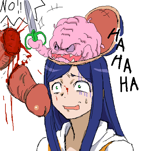 krang, kuga natsuki, my-hime, teenage mutant ninja turtles, artist request, lowres, source request, 00s, 1boy, 1girl, alien, blood, blood on face, blue hair, brain, constricted pupils, crossover, english text, ero guro, guro, motion lines, no, oekaki, pain, penis, scared, scissors, severed penis, sharp teeth, simple background, speech bubble, sweatdrop, teeth, uncensored, upper body, what, white background