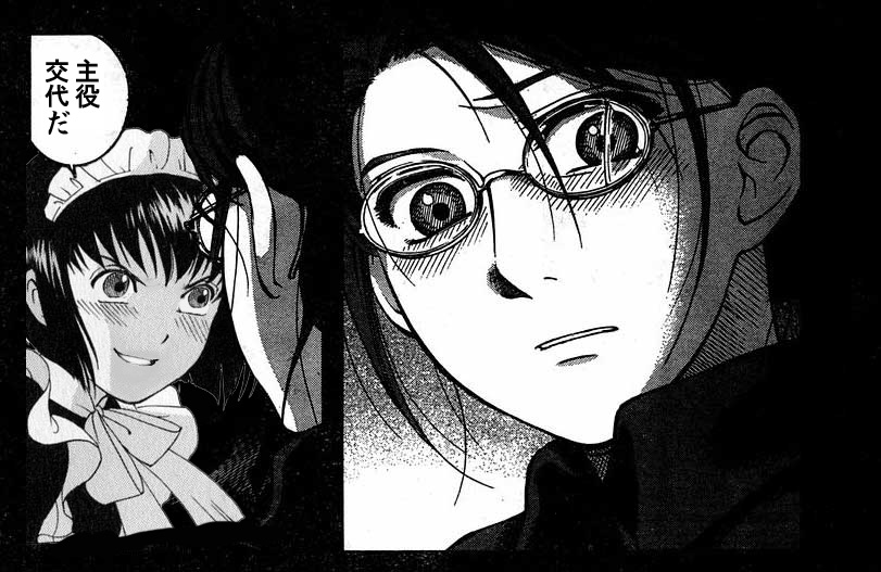mori kaoru, emma, emma (victorian romance emma), shirley medison, shirley (manga), victorian romance emma, third-party edit, translated, 00s, 2girls, bow, comic, creator connection, crossover, female focus, glasses, greyscale, grin, maid, monochrome, multiple girls, smile, surprised