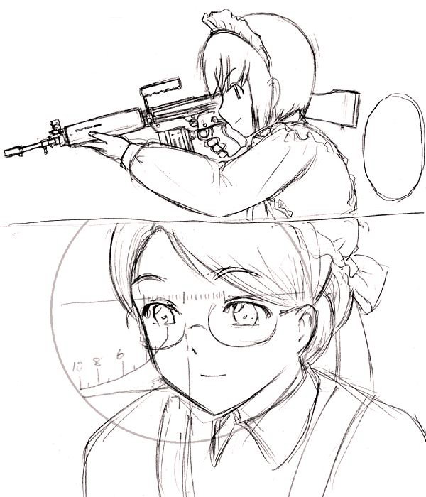 emma, emma (victorian romance emma), shirley medison, haou airen, shirley (manga), victorian romance emma, 2girls, assault rifle, battle rifle, bob cut, bonnet, creator connection, crossover, fn fal, glasses, greyscale, gun, hat, maid, maid headdress, mob cap, monochrome, multiple girls, parody, portrait, rifle, short hair, sketch, weapon
