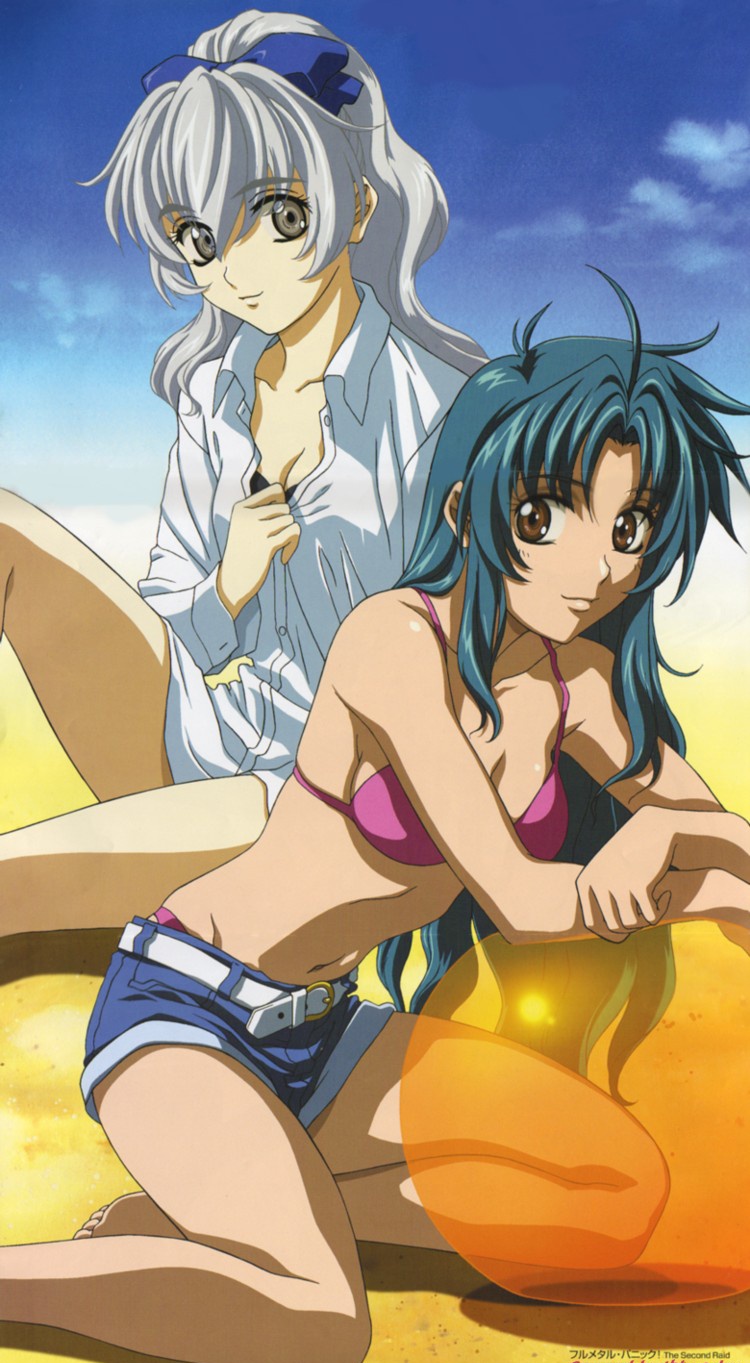 chidori kaname, teletha testarossa, full metal panic!, highres, 00s, 2girls, ball, beachball, bikini, blue hair, brown eyes, day, grey eyes, grey hair, long hair, multiple girls, swimsuit