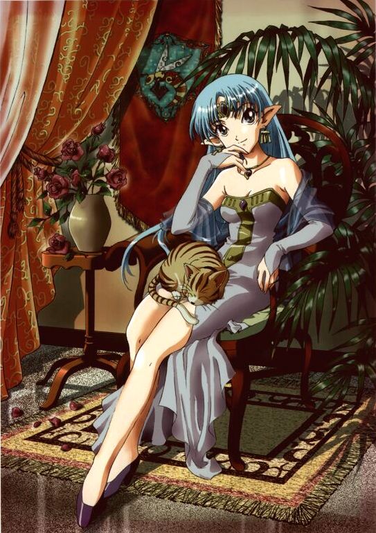 diaho, lafiel, seikai no senki, 1girl, animal, animal on lap, bare shoulders, black eyes, blue hair, breasts, bridal gauntlets, cat, cat on lap, chair, circlet, cleavage, curtains, detached sleeves, dress, earrings, elbow gloves, female focus, flower, formal clothes, gem, gloves, head rest, high heels, indoors, jewelry, leaf, legs, long hair, medium breasts, necklace, off shoulder, on lap, parted bangs, pendant, plant, pointy ears, rose, rug, see-through clothes, shadow, shawl, shoes, sitting, sitting on lap, sitting on person, sleeping, smile, solo, strapless, strapless dress, tiara, vase