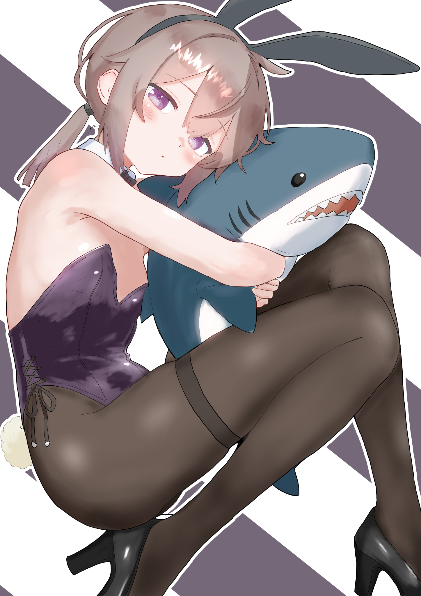 tesura (teslamk2), m200 (girls' frontline), girls' frontline, highres, 1girl, ahoge, alternate costume, animal ear hairband, animal ears, black bow, black bowtie, black leotard, black pantyhose, bow, bowtie, breasts, brown hair, bunny day, detached collar, fake animal ears, hairband, hugging doll, hugging object, leotard, long hair, looking at viewer, low ponytail, pantyhose, playboy bunny, ponytail, purple eyes, rabbit ears, rabbit tail, small breasts, solo, strapless, strapless leotard, striped background, stuffed animal, stuffed shark, stuffed toy, tail, thighband pantyhose, wrist cuffs