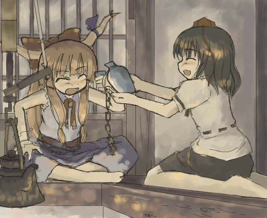 takuzui, ibuki suika, shameimaru aya, touhou, 2girls, :d, ^ ^, alcohol, barefoot, choko (cup), closed eyes, cup, female focus, hat, horns, indian style, kettle, multiple girls, open mouth, sake, seiza, sitting, smile, tokin hat, tokkuri
