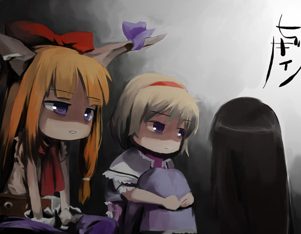alice margatroid, houraisan kaguya, ibuki suika, touhou, 3girls, black hair, blonde hair, blue eyes, bow, capelet, dress, female focus, grey background, hair bow, hairband, horn ornament, horn ribbon, horns, hugging own legs, indian style, long hair, long skirt, multiple girls, muted color, orange hair, ribbon, sitting, skirt, sulking, very long hair