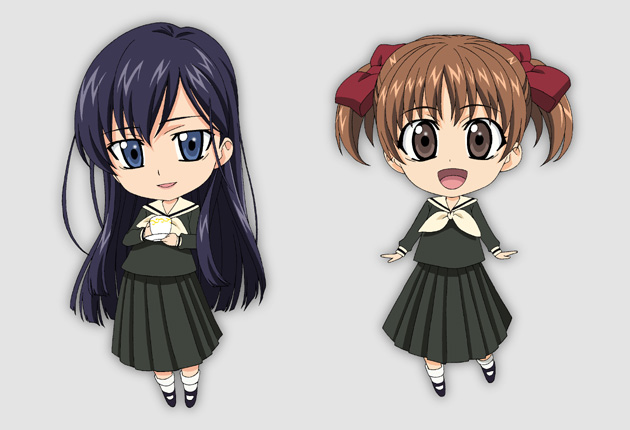 isse, fukuzawa yumi, ogasawara sachiko, maria-sama ga miteru, 00s, 2girls, blue eyes, brown eyes, brown hair, chibi, chibi only, cup, grey background, long hair, mary janes, multiple girls, pleated skirt, purple hair, saucer, school uniform, serafuku, shoes, short hair, short twintails, simple background, skirt, socks, tea, teacup, twintails