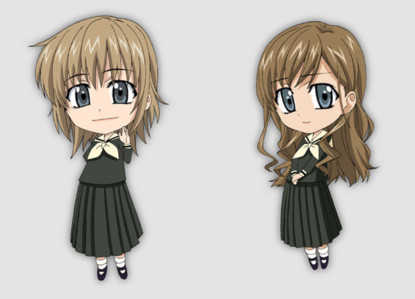 isse, satou sei, toudou shimako, maria-sama ga miteru, 00s, 2girls, black shirt, black skirt, blonde hair, blue eyes, brown hair, chibi, chibi only, grey background, long sleeves, looking at viewer, multiple girls, neckerchief, own hands together, sailor collar, school uniform, shirt, short hair, simple background, skirt, smile, standing, v arms, white neckerchief