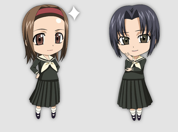 isse, mizuno youko, torii eriko, maria-sama ga miteru, 00s, chibi, chibi only, hands on own hips, pleated skirt, school uniform, serafuku, skirt