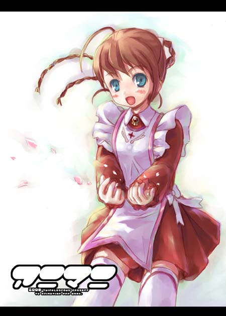 minamura haruki, arika yumemiya, my-otome, 00s, 1girl, ahoge, braid, brown hair, female focus, garderobe uniform, green eyes, letterboxed, long sleeves, petals, solo, thighhighs, twin braids, white thighhighs