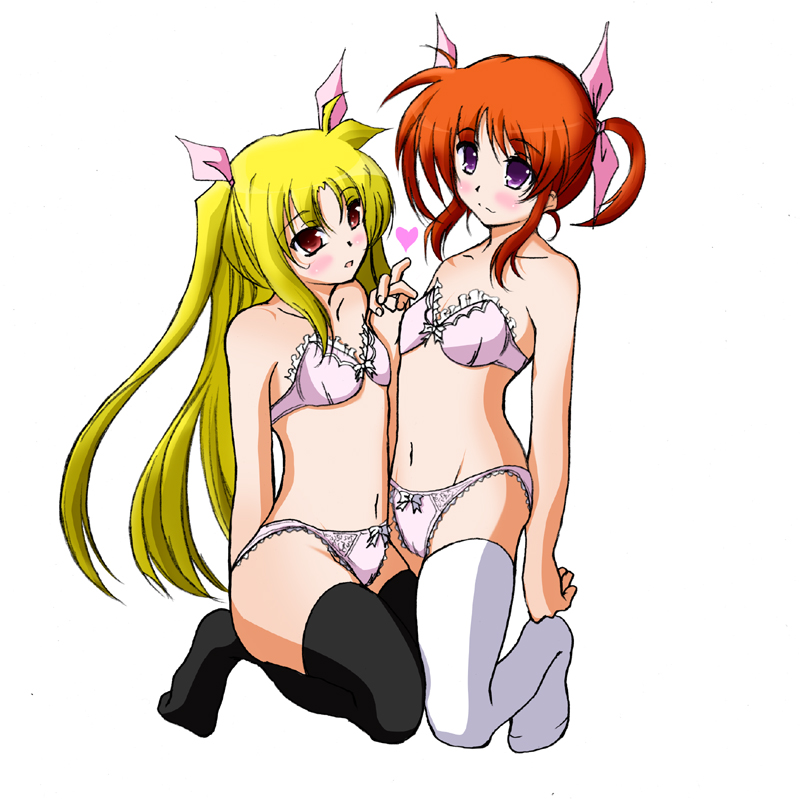 sakura yuu, fate testarossa, takamachi nanoha, lyrical nanoha, mahou shoujo lyrical nanoha, mahou shoujo lyrical nanoha a's, 00s, 2girls, blonde hair, blush, bow, bow bra, bow panties, bra, cameltoe, flat chest, lace, lace-trimmed bra, lace-trimmed panties, lace trim, lingerie, multiple girls, orange eyes, panties, pink bra, pink panties, purple eyes, strapless, strapless bra, thighhighs, twintails, underwear, underwear only, yuri