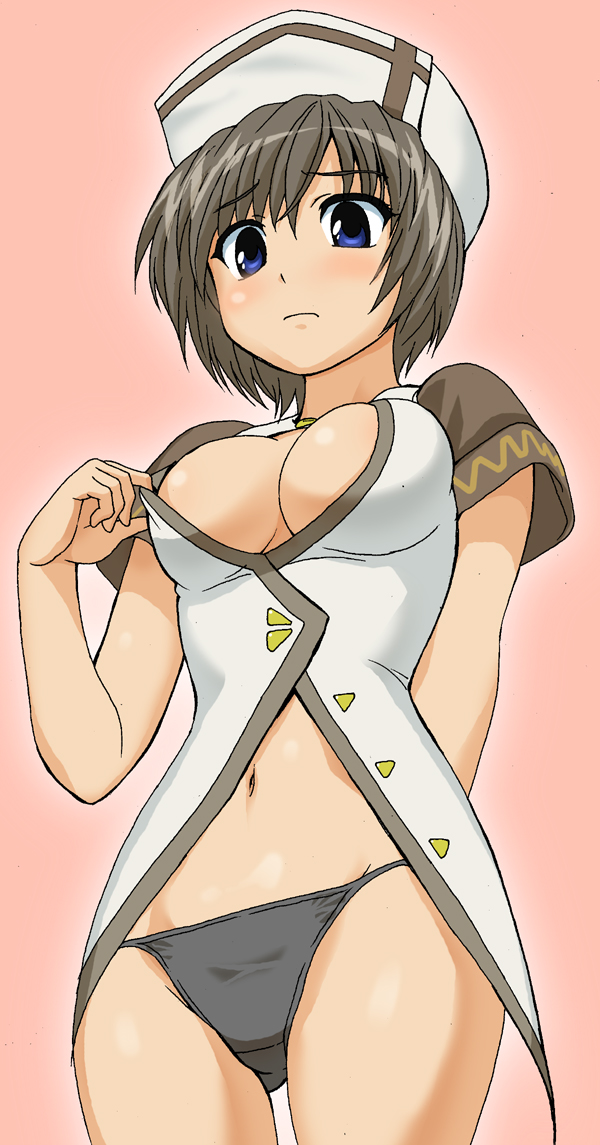 g-tetsu, rynith, lyrical nanoha, mahou shoujo lyrical nanoha, mahou shoujo lyrical nanoha a's, 00s, 1girl, black panties, blouse, blue eyes, breasts, brown hair, cleavage, female focus, hat, large breasts, navel, no pants, panties, rinisu, shirt, short hair, solo, standing, underwear