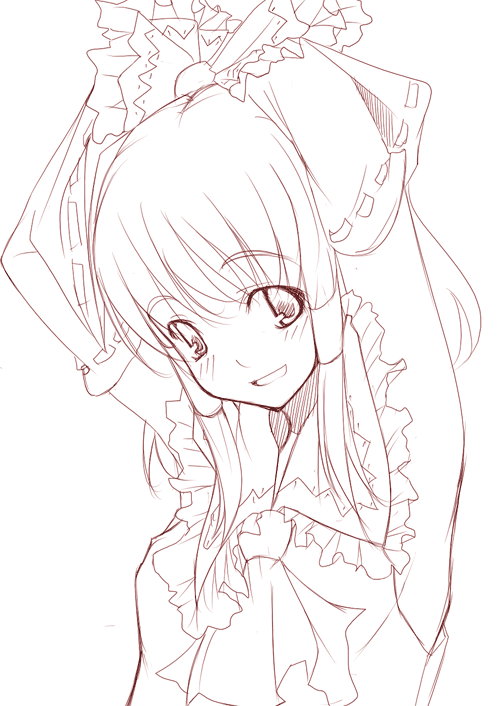 nakamura kusata, hakurei reimu, touhou, 1girl, armpits, female focus, monochrome, sketch, solo, white background
