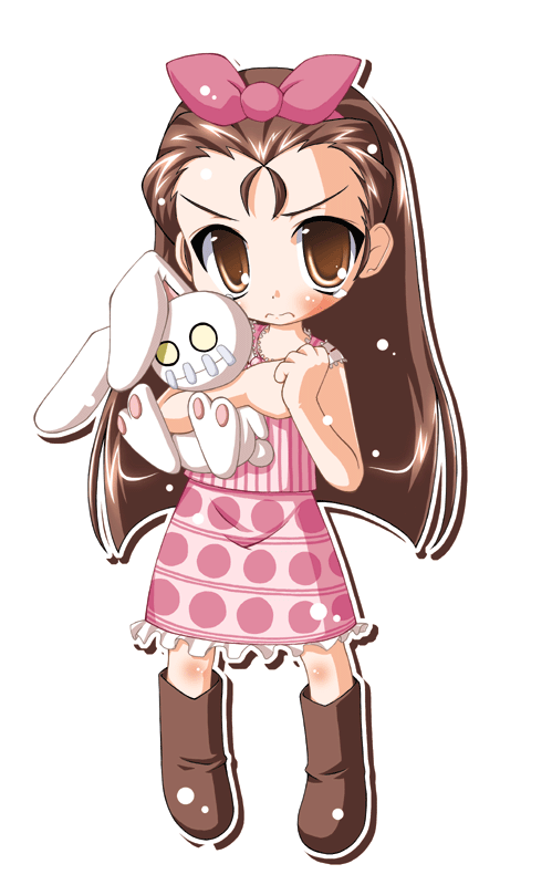 kekyo, minase iori, idolmaster, idolmaster (classic), idolmaster 1, 00s, 1girl, blush, boots, bow, brown boots, brown eyes, brown hair, chibi, chibi only, female focus, full body, long hair, rabbit, simple background, skirt, solo, stuffed animal, stuffed rabbit, stuffed toy