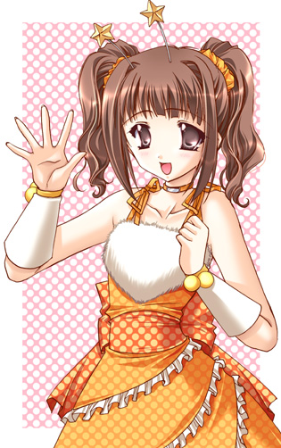 ryuuga shou, takatsuki yayoi, idolmaster, idolmaster (classic), idolmaster 1, 00s, blush, brown eyes, brown hair, cute & girly (idolmaster), dress, mini morning, mini morning (idolmaster), open mouth, solo, twintails