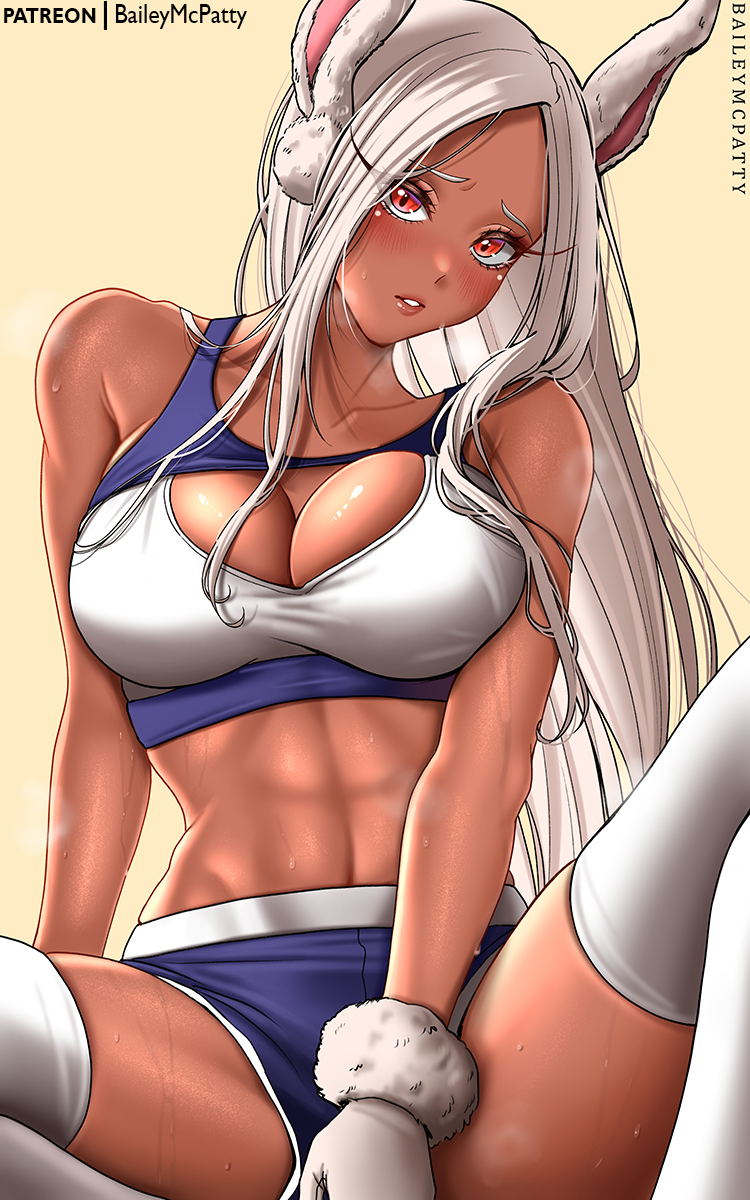 baileymcpatty, mirko, boku no hero academia, commentary, english commentary, highres, 1girl, abs, animal ears, artist name, bare shoulders, between legs, blush, breasts, bunny day, cleavage, cleavage cutout, clothing cutout, collarbone, dark-skinned female, dark skin, fur-trimmed gloves, fur trim, furrowed brow, gloves, hair over shoulder, hand between legs, knee up, large breasts, long eyelashes, long hair, looking at viewer, midriff, navel, parted bangs, parted lips, patreon username, rabbit ears, rabbit girl, red eyes, short shorts, shorts, sitting, skindentation, solo, sports bra, spread legs, steaming body, sweat, thick thighs, thighhighs, thighs, toned, toned female, two-tone shorts, two-tone sports bra, very long hair, white gloves, white hair, white thighhighs