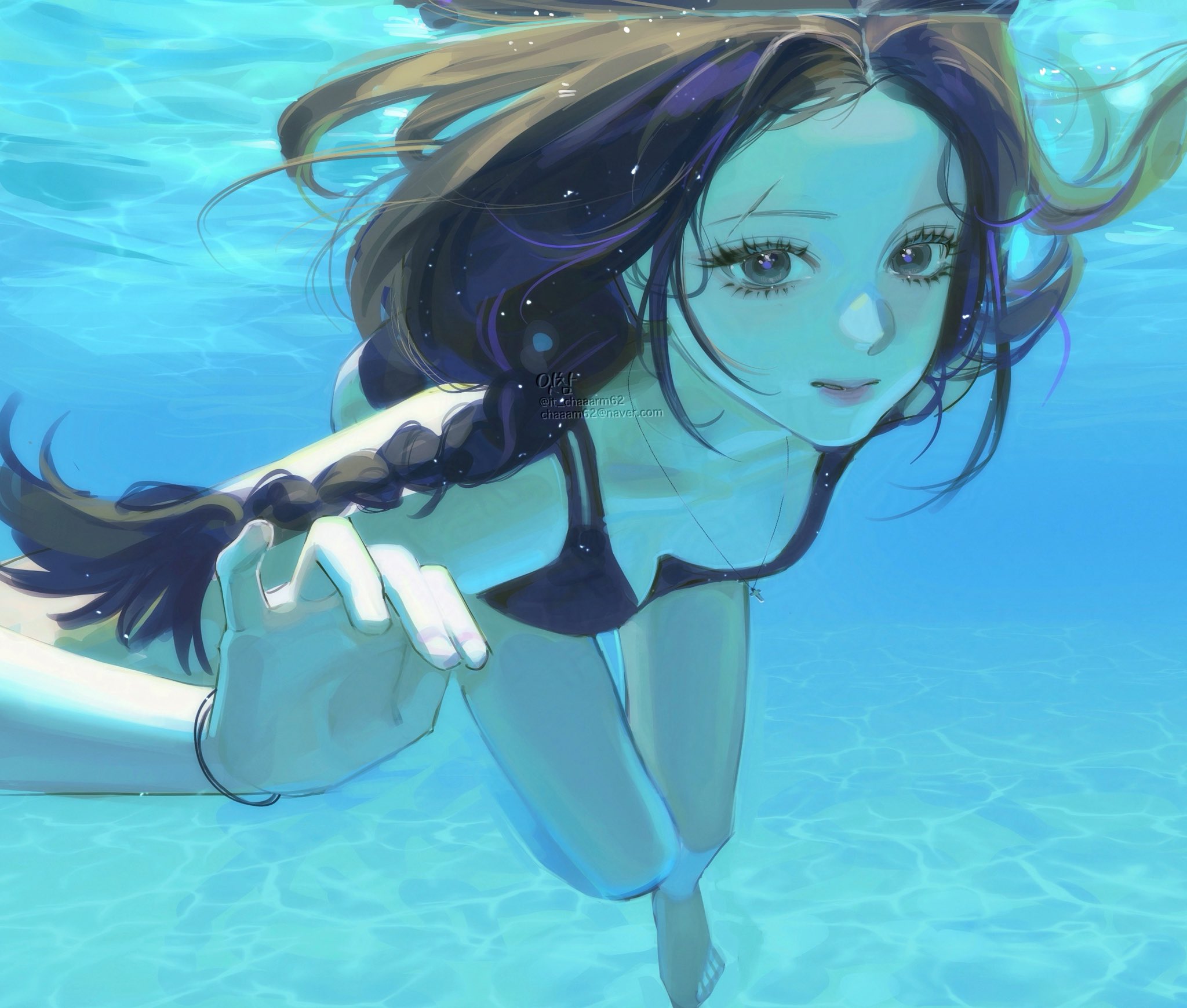 it chaaarm62, original, commentary, highres, symbol-only commentary, 1girl, barefoot, bracelet, braid, breasts, brown hair, caustics, cleavage, collarbone, eyelashes, floating hair, jewelry, long hair, looking at viewer, necklace, solo, submerged, swimsuit, toes, underwater, watermark