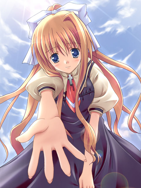 matsuzaki tokiko, kamio misuzu, air (visual novel), 00s, 1girl, blonde hair, blue eyes, bow, cloud, cross, day, dress, female focus, hair bow, long hair, ponytail, ribbon, school uniform, sky, solo, very long hair
