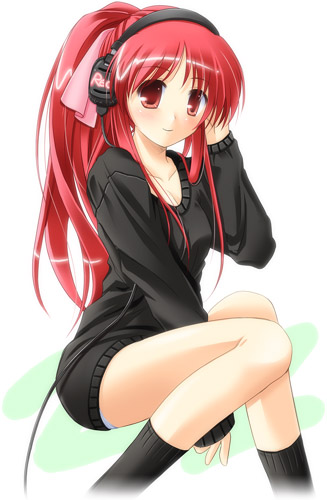 tomo no shippo, onda aka, rec (manga), lowres, 00s, 1girl, dress, female focus, hand on own ear, headphones, legs, long hair, oversized clothes, ponytail, red eyes, red hair, ribbon, short dress, simple background, sitting, socks, solo, sweater