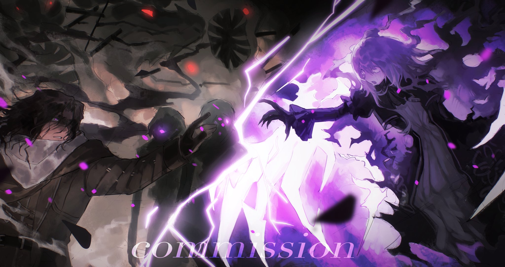 ling zhiyun, erlking heathcliff (project moon), limbus company, project moon, commentary, commission, highres, symbol-only commentary, 1boy, 1girl, black dress, black gloves, black hair, black pants, brown jacket, claws, cloud, cloudy sky, determined, dress, every catherine (project moon), feet out of frame, frilled sleeves, frills, gloves, gown, hetero, jacket, juliet sleeves, knee up, long hair, long sleeves, looking at another, messy hair, pants, parted lips, petals, puffy sleeves, purple eyes, purple hair, reaching, scarf, sky, split theme, teeth, thick eyebrows, upper body, very long hair, watermark, white scarf