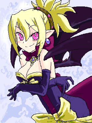 rozalin, disgaea, makai senki disgaea 2, nippon ichi, lowres, 1girl, blonde hair, bow, dress, female focus, oekaki, pointy ears, solo, strapless, strapless dress, yellow bow