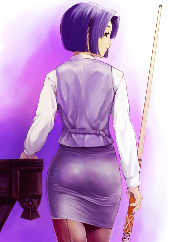 yurikawa, mizuno youko, maria-sama ga miteru, duplicate, 00s, 1girl, ass, back, back-seamed legwear, billiards, blue hair, cue stick, female focus, from behind, pantyhose, seamed legwear, short hair, solo